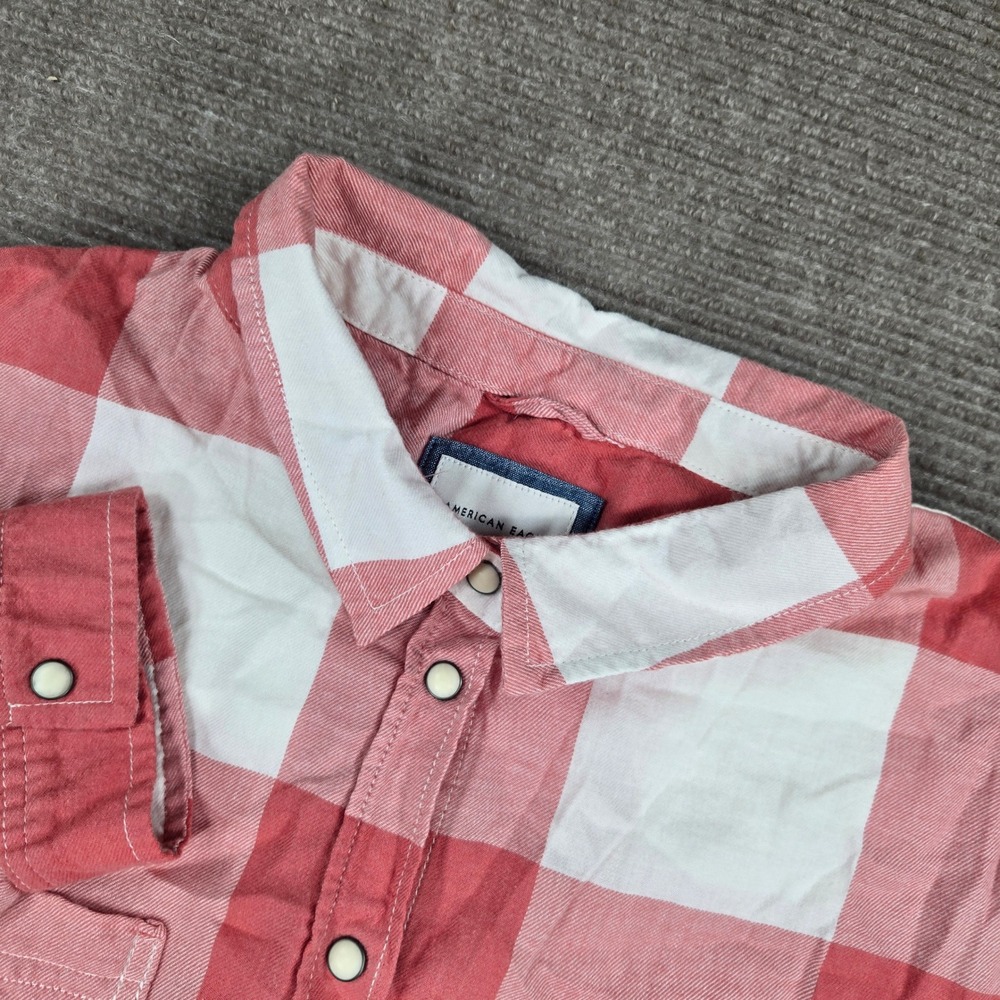 American Eagle Womens XL Pink Buffalo Plaid Snap Button Long Sleeve Shirt
